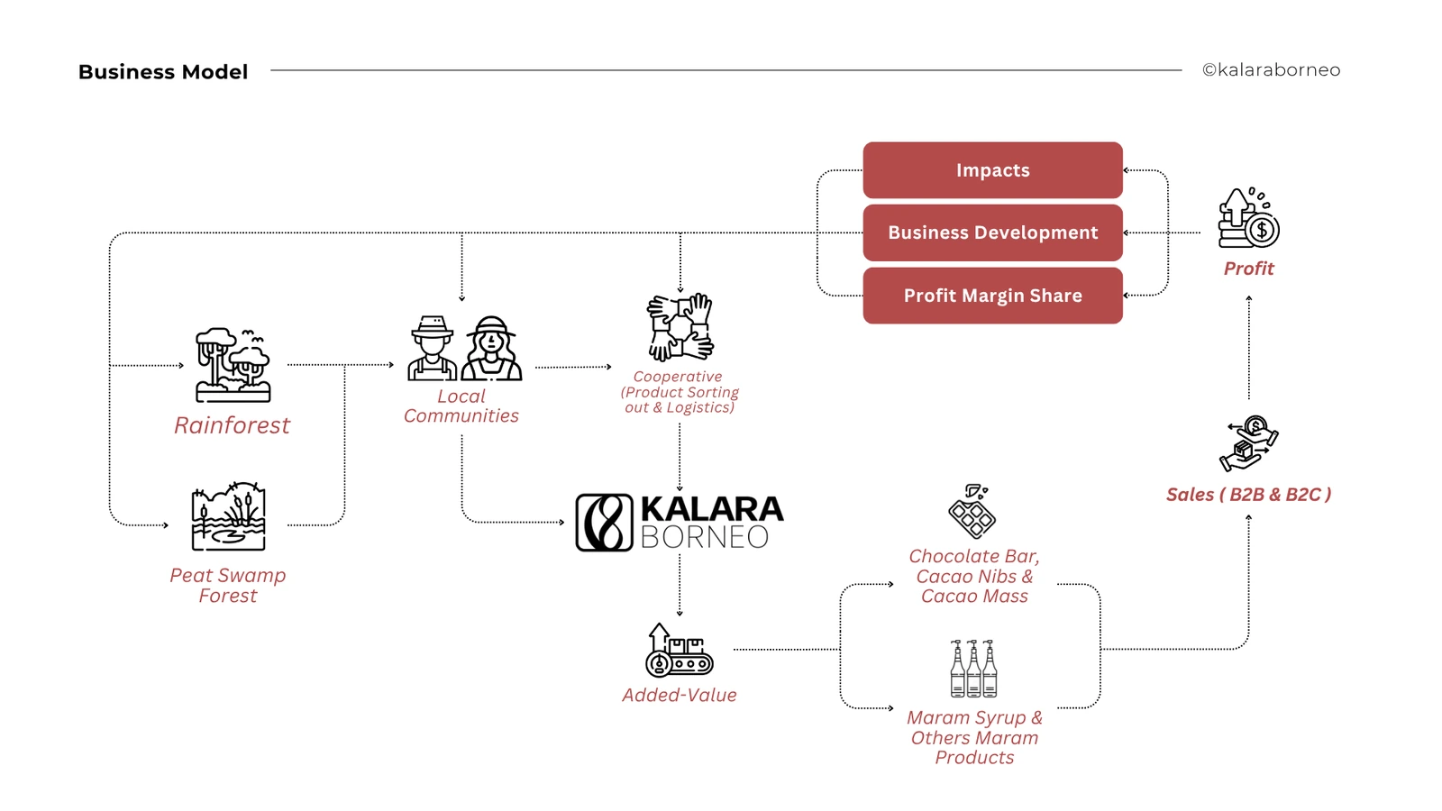Diagram rantai nilai Kalara Borneo: dari hutan tropis dan rawa gambut, ke komunitas lokal, koperasi, Kalara Borneo, hingga produk olahan, penjualan, profit, dan dampak sosial yang dialirkan kembali ke komunitas.